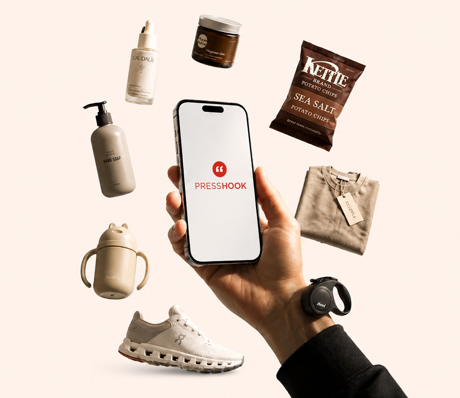 The Press Hook app surrounded by consumer products from every CPG category