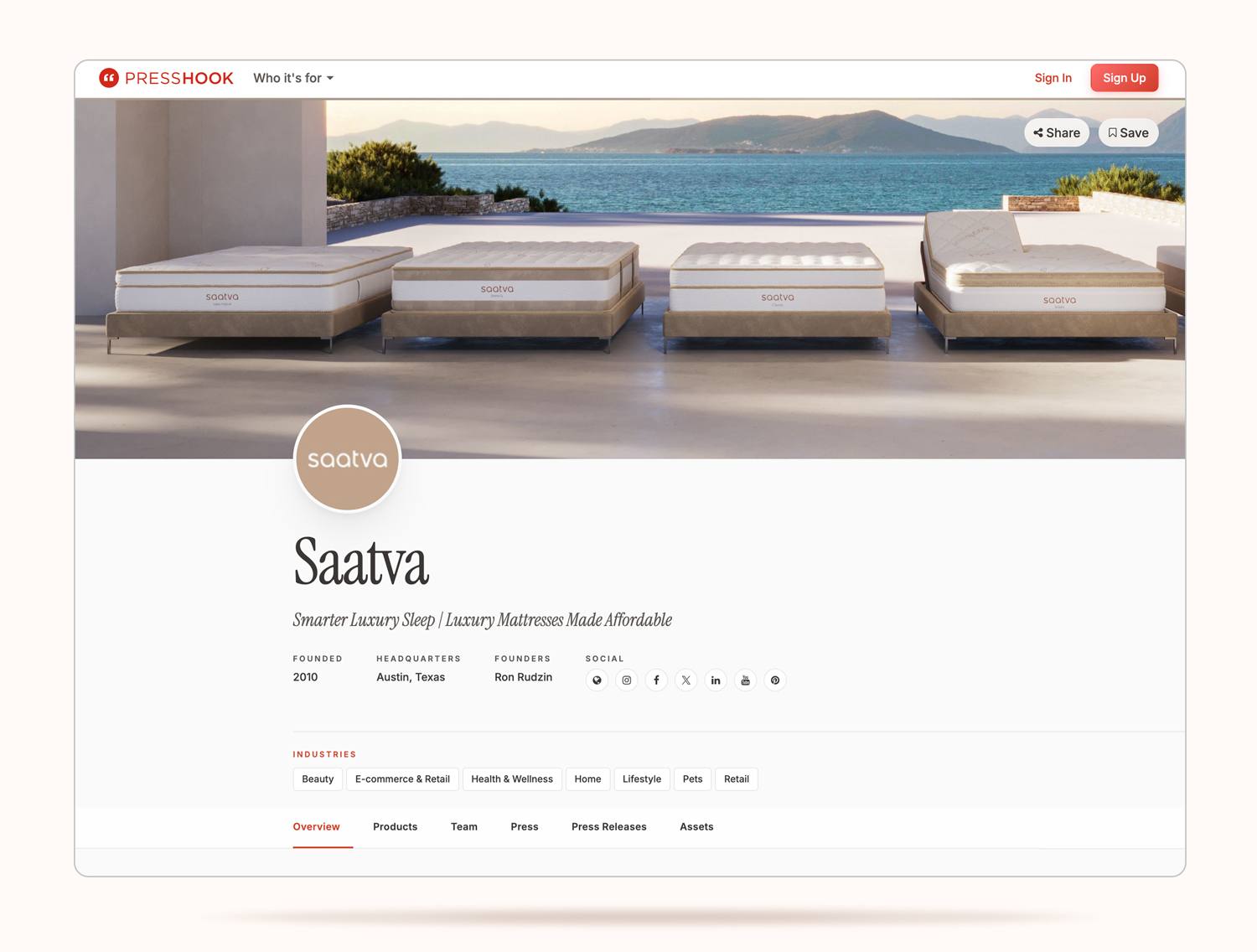 A brand profile on Press Hook — cover imagery, logo, tagline, founder details and industry tags