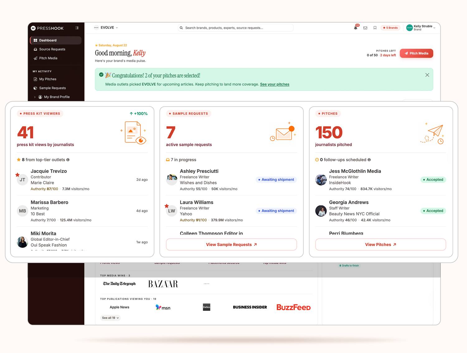The Press Hook dashboard, with press kit views, sample requests and pitches pulled out as cards