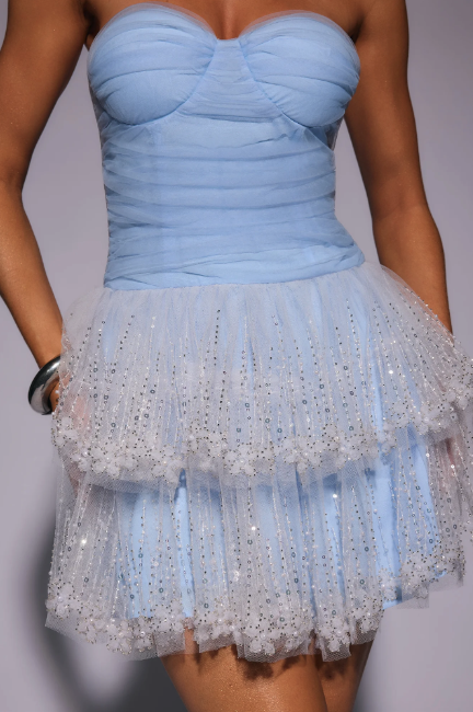 Bloom Soft Strapless Mesh Embellished Mini Dress Blue