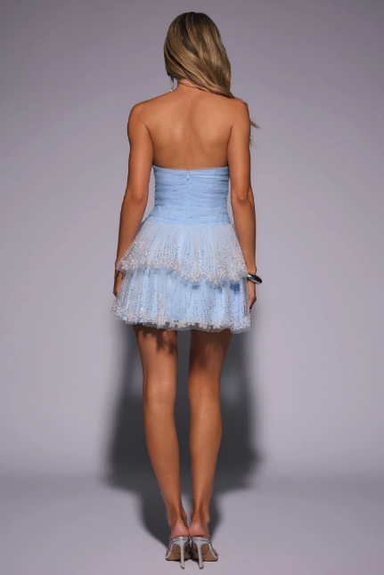Bloom Soft Strapless Mesh Embellished Mini Dress Blue