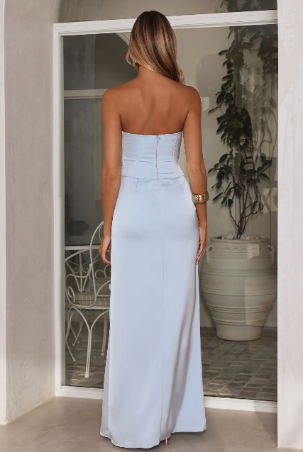 Vibes On Point Strapless Satin Maxi Dress Blue