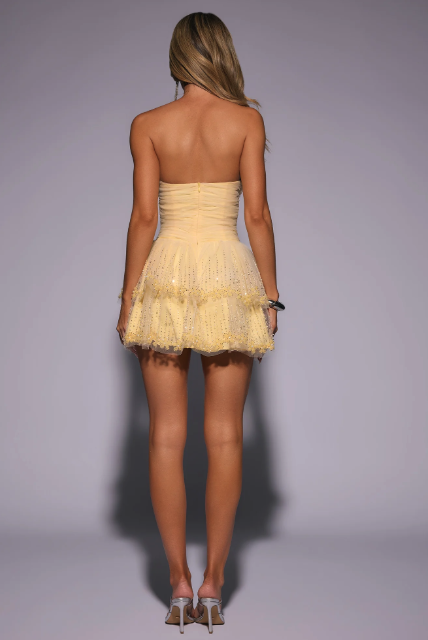 Bloom Soft Strapless Mesh Embellished Mini Dress Yellow