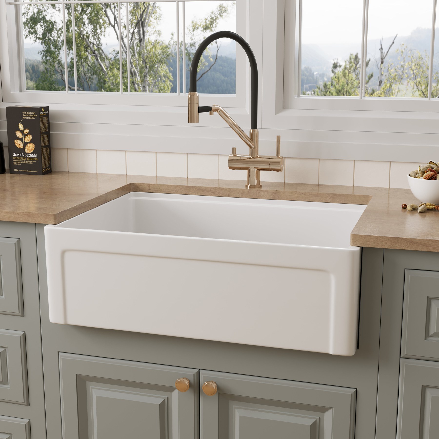 NOZLOO 30" Grooved Apron Fireclay Farmhouse Sink with Workstation Kit